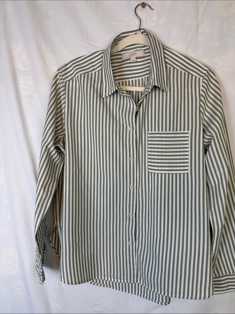 LOFT Green and White Vertical Stripe Button-Down Shirt